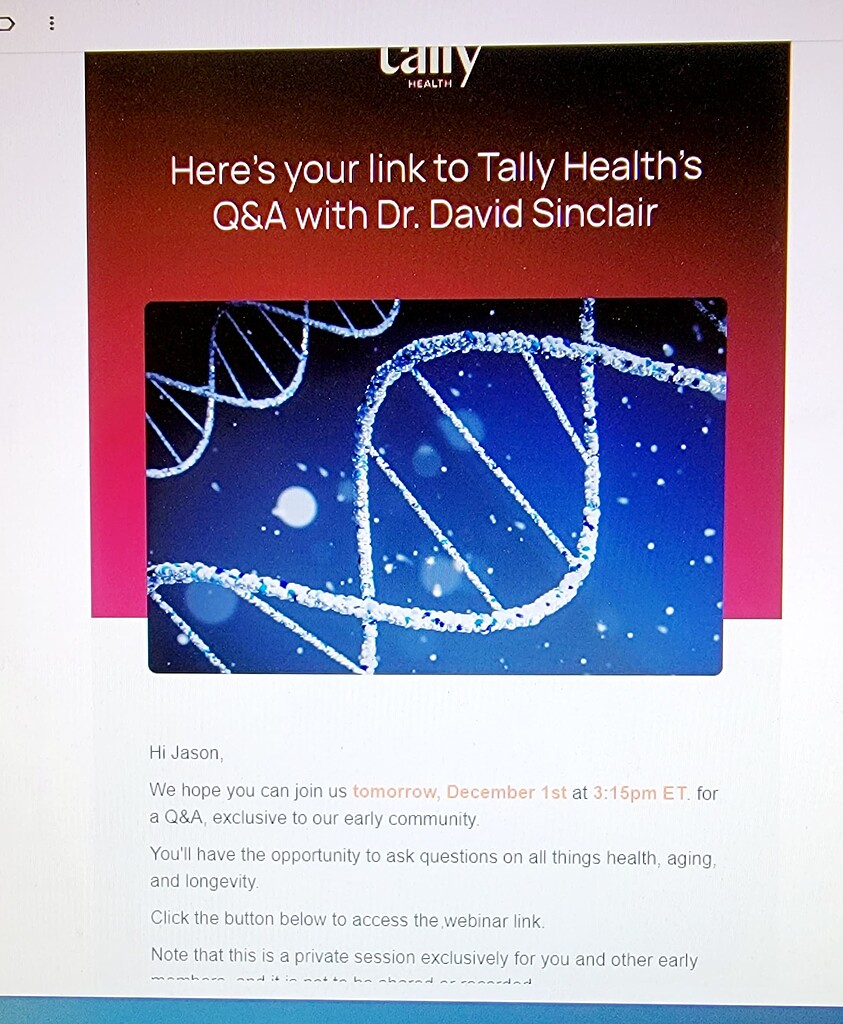 Live ZOOM Program tomorrow with Tally Health / Dr. David Sinclair
