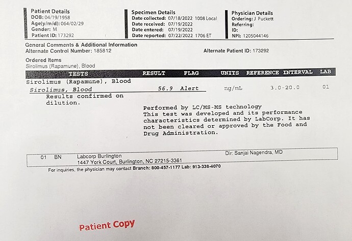 Sirolimus Blood Test July 25, 2022