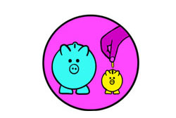 Illustration of a big piggy bank and a small piggy bank and a hand putting a coin in the small piggy bank.